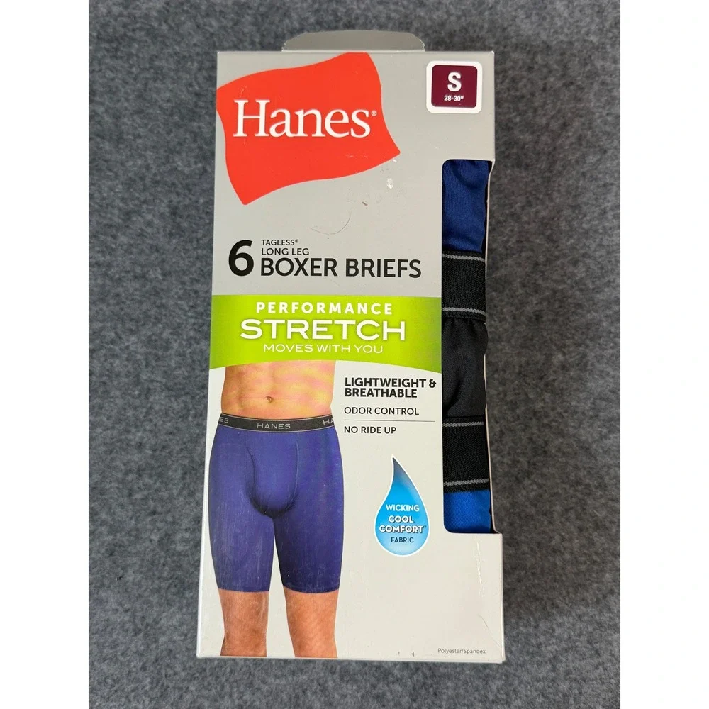 Hanes Performance Boxer Briefs Mens Small Blue/Black New 6 Pack Stretch Long Leg